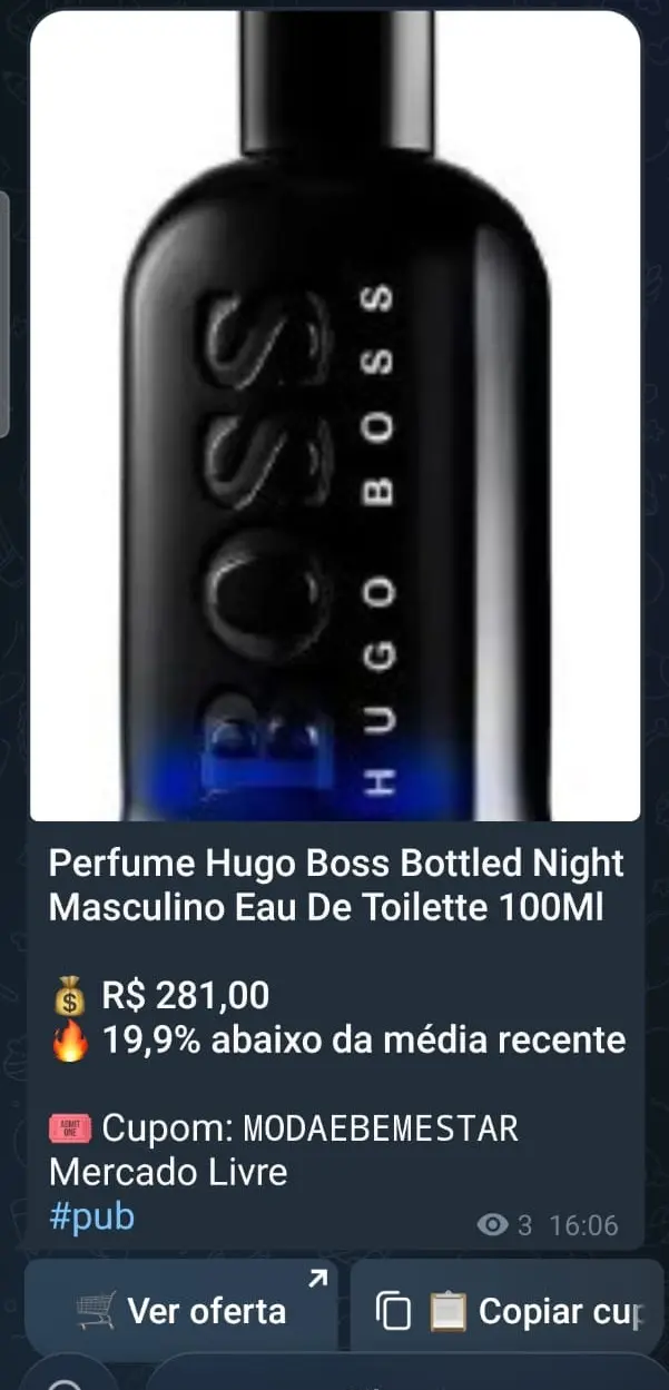 Oferta real do perfume Hugo Boss Bottled Night publicada no grupo GarimpAI Parfum