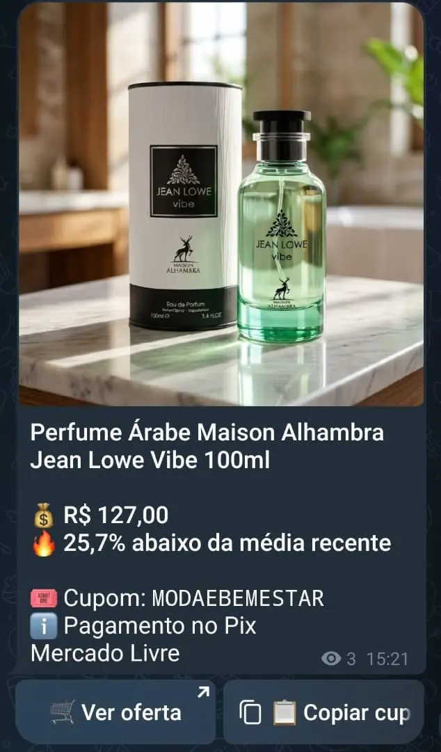 Oferta real do perfume Jean Lowe Vibe publicada no grupo