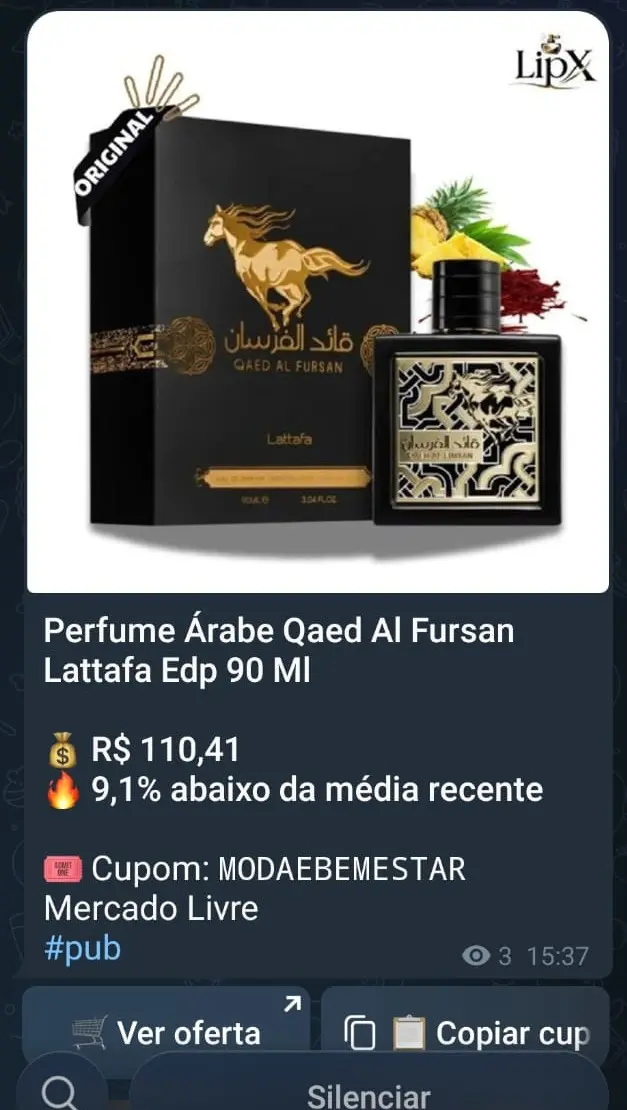 Oferta real do perfume Qaed Al Fursan publicada no grupo